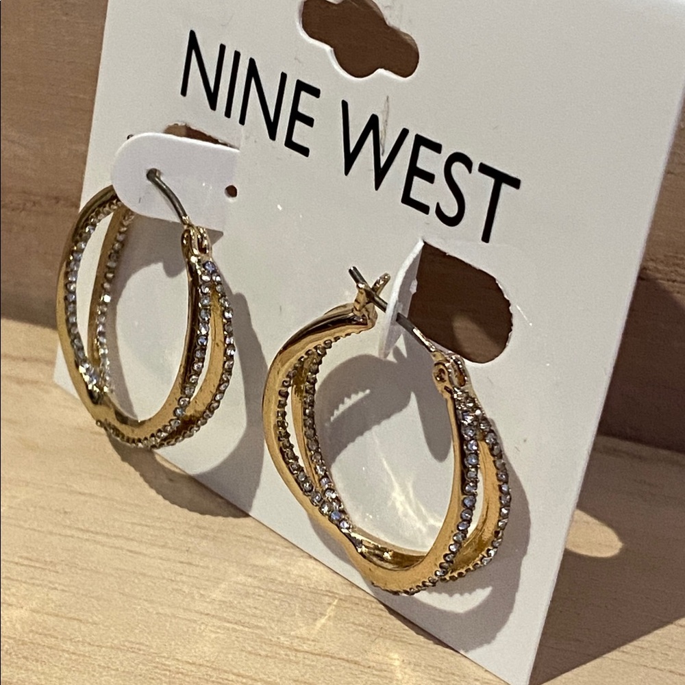 NWT Nine West Gold and crystal crisscross Hoop Earrings